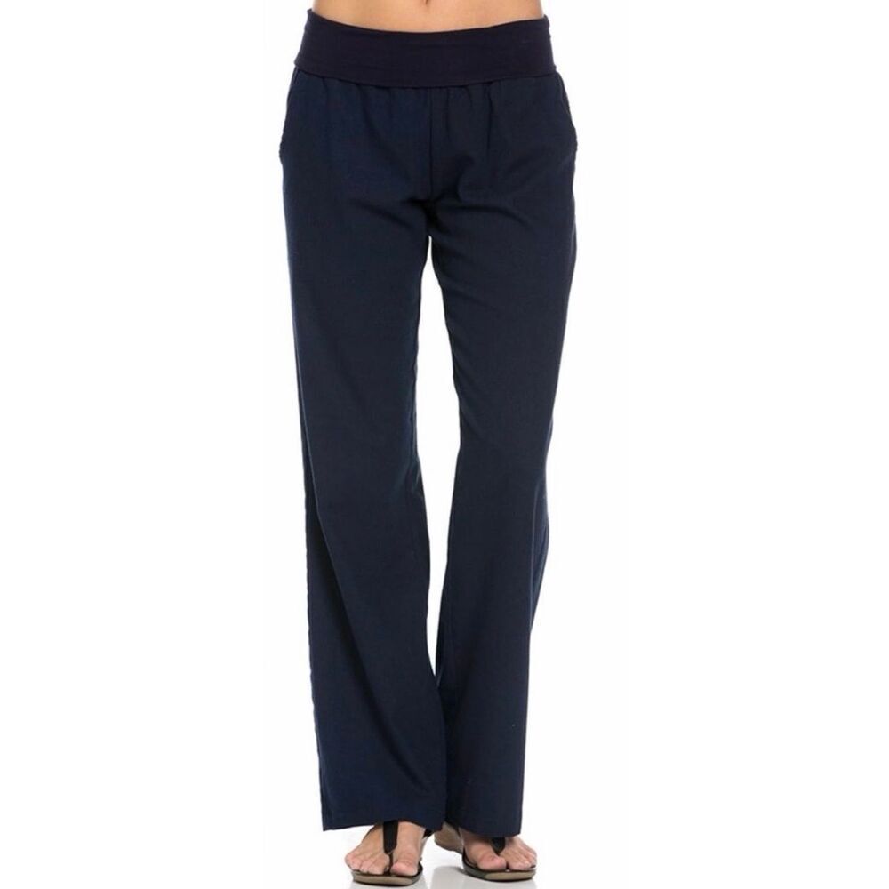 Poplooks Womens Comfy Fold Over Linen Pants Navy Size 3XL NWT